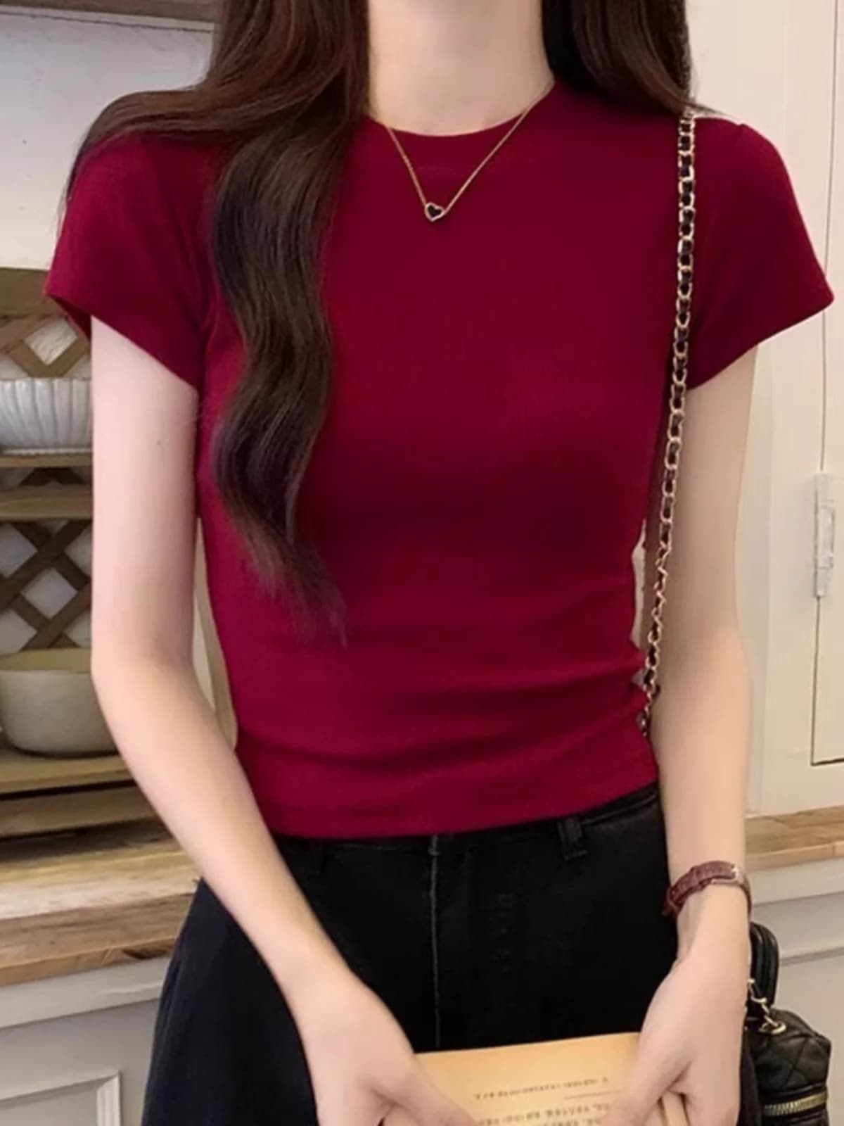 Wine Red Slim Fit Short Sleeve T-Shirt Women's Summer New American Style High Waist Short Length round Neck Top Shoulder Width