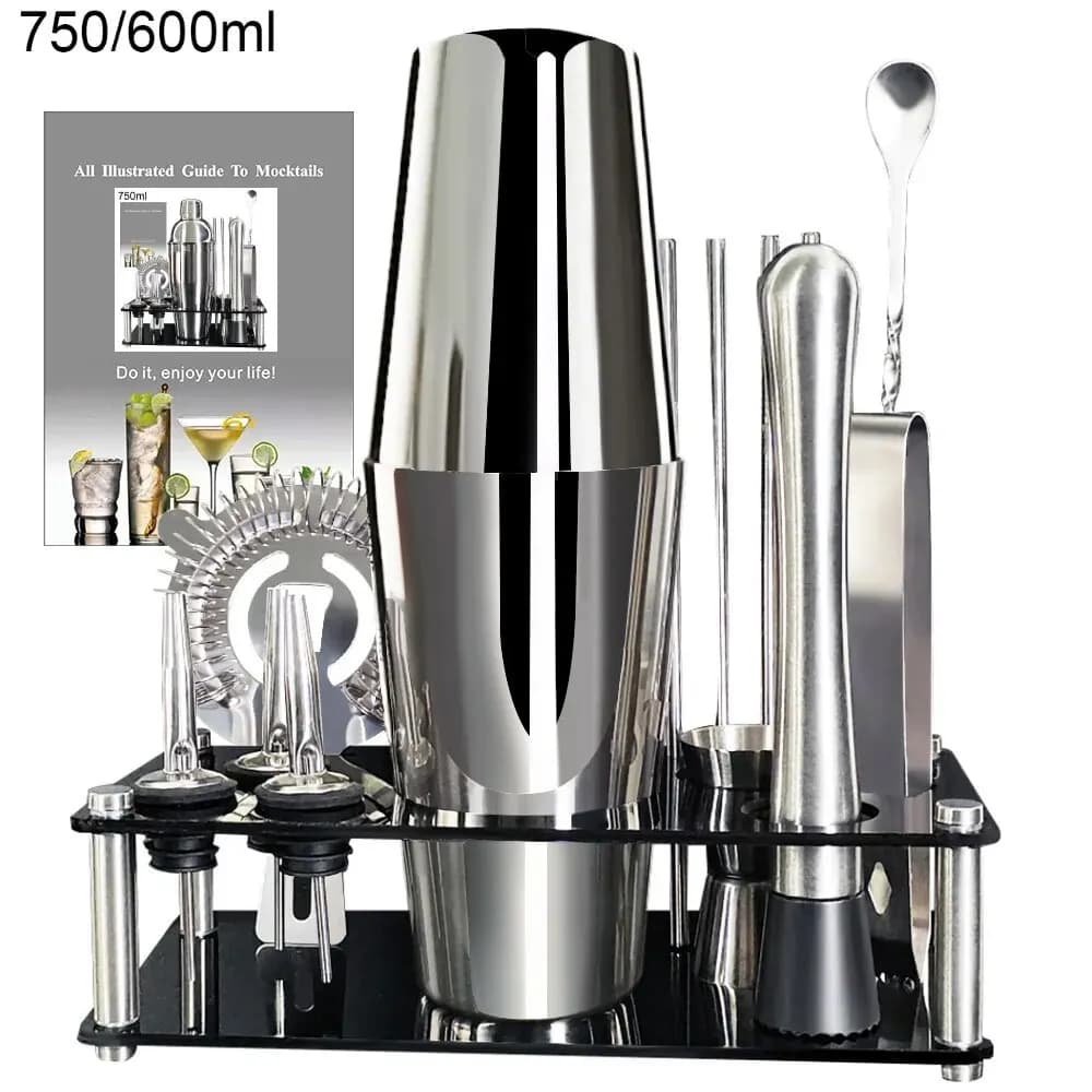 Set di 13 shaker per cocktail da 750 ml 600 ml, strumenti da bar in acciaio inossidabile con supporto nero, shaker da 750 ml, jigger, cucchiaio, versatori