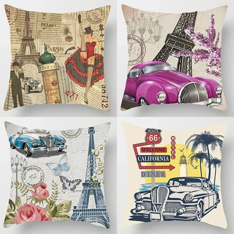 Vintage Cars and Eiffel Tower Throw Pillows Pattern Cushion Cover Suitable for Sofa Bedroom Car Pillow Cover