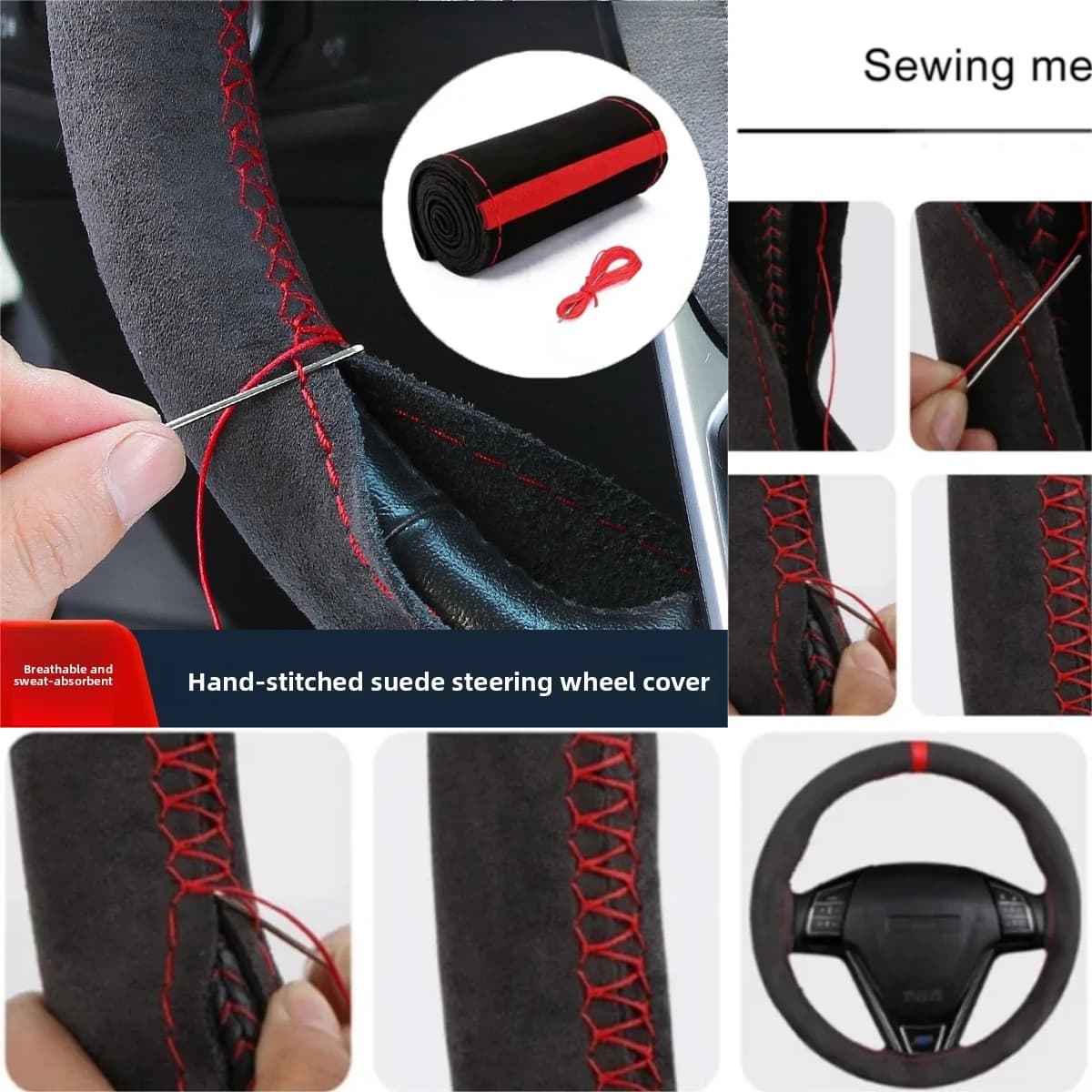 NUOVO coprivolante per auto morbido resistente all'usura confortevole resistente all'usura cucito a mano universale intrecciatura in pelle scamosciata nera