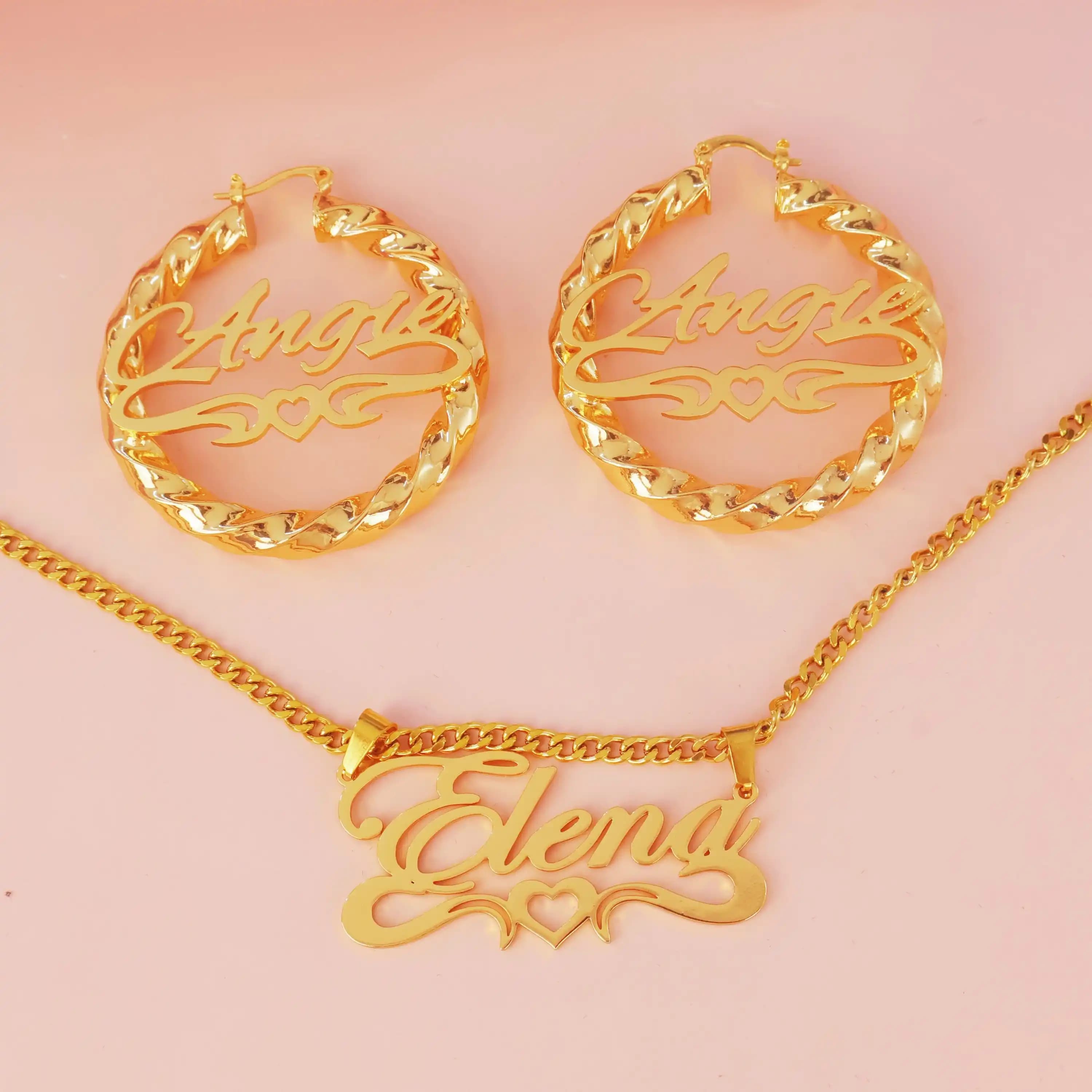 Custom Name Jewelry Set Custom Name Earrings Gold Name Necklace Twist Hoop Earrings Personalized Kids Jewelry Set Gift For Her