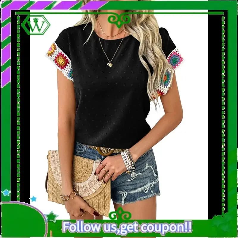 A18P-Camicie da donna Camicia girocollo a maniche corte all'uncinetto floreale Camicetta pullover casual Top estivi