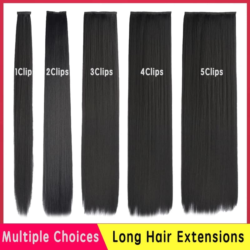 Long and straight synthetic clip in hair extensions Faux hair Straight black wig for women Heat-resistant fiber