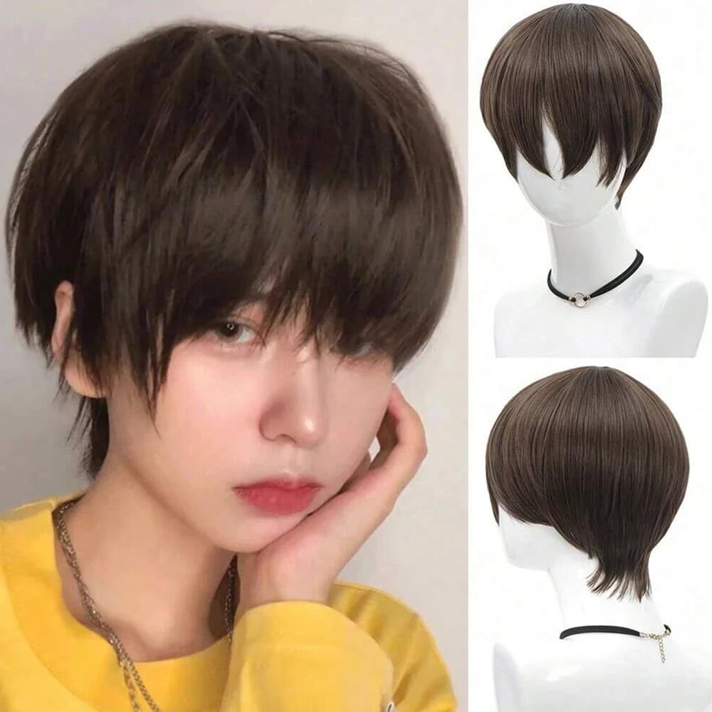 Parrucca Sintetica Corta da Uomo Traspirante Marrone, Parrucca Corta Liscia Nera Resistente al Calore per Uomo/Ragazzo, Ideale per Cosplay e Feste