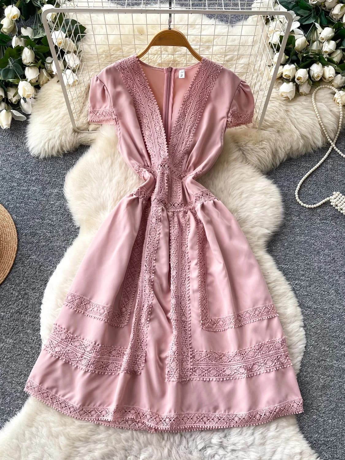 Sweet Style High Waist A-Line Dress Short Sleeve V-Neck Lace Women Summer Commute Pink Polyester Fiber Gentle Wind