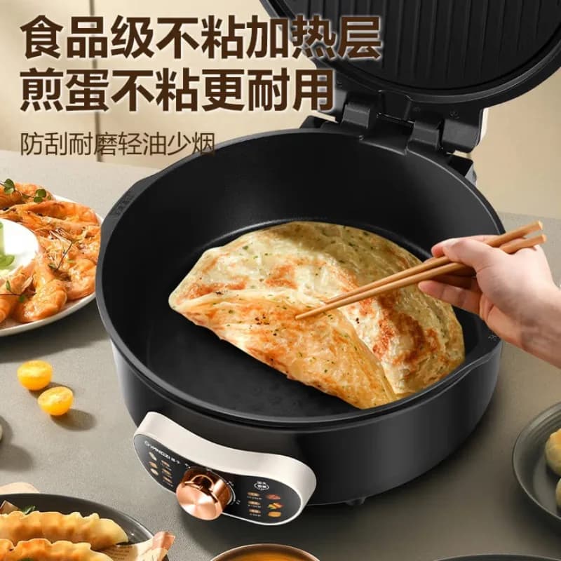 Electric griddle multi-functional grill, household use, double-sided heating, deep cooking plates, detachable design.