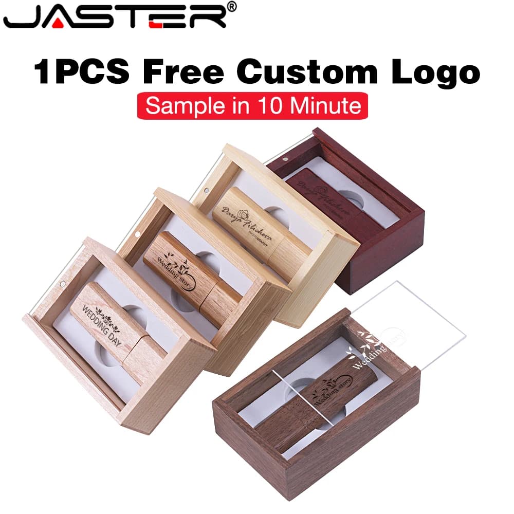 Free Custom Logo USB Flash Drive 128GB Wooden Box Pen Drive 64GB Creative Wedding Gift Memory Stick Transparent Cover Pendrive
