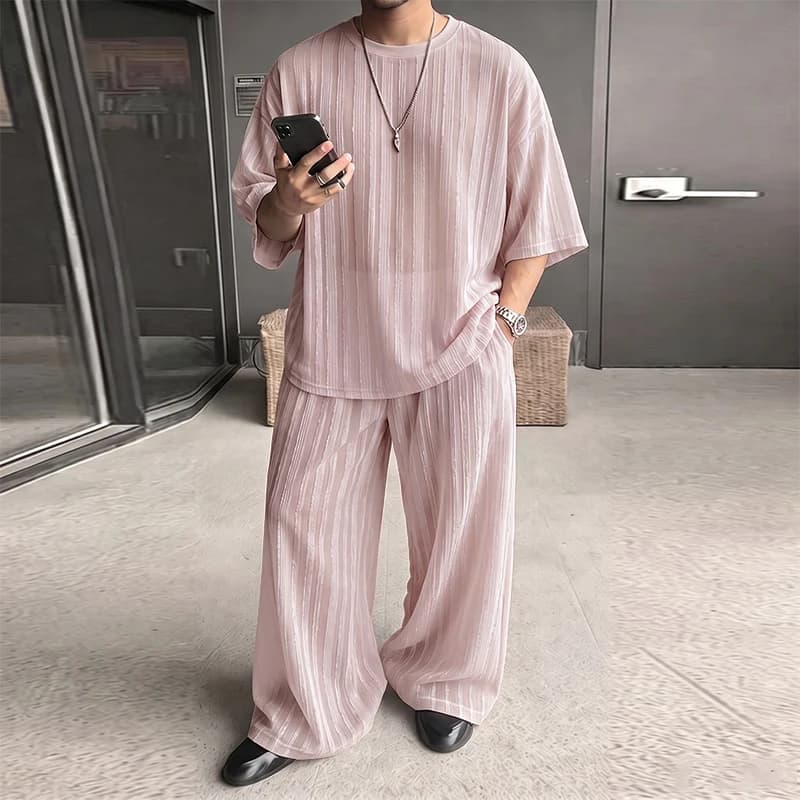 INCERUN Men's Sets Striped See Through Short Sleeve T Shirt Pants Two Piece Sets Streetwear Loose 2026 Fashion Men Matching Sets