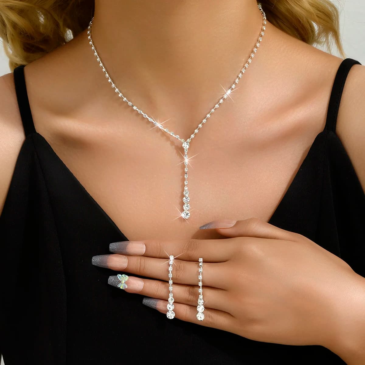 3pcs Women's Jewelry Fashion Drops Rhinestone Necklace Earring Set Bridal Wedding Accessories-8098