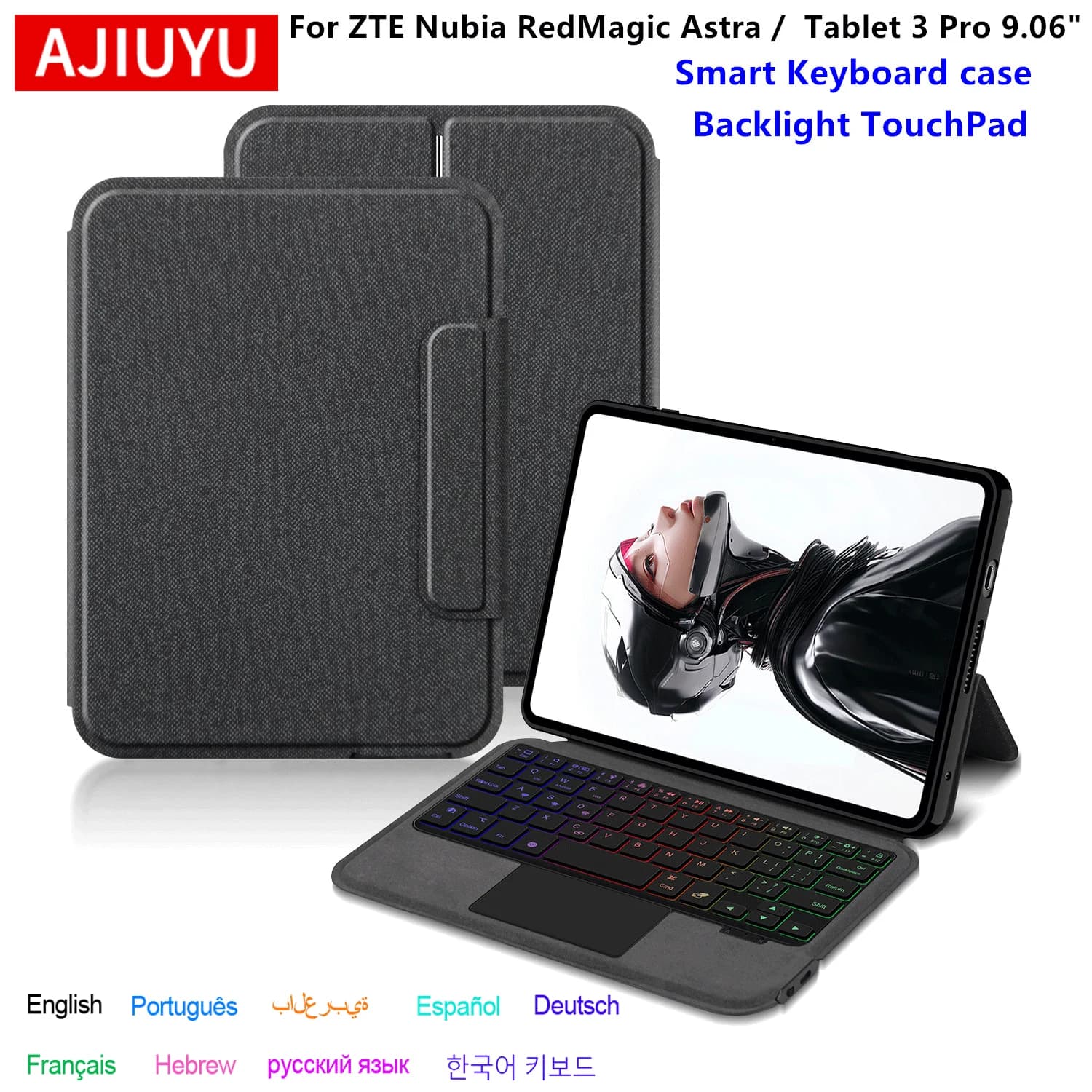 AJIUYU Custodia con tastiera touchpad per ZTE Nubia RedMagic Astra / Gaming Tablet 3 Pro 9.06" Tablet PC Cover con tastiera retroilluminata Folio