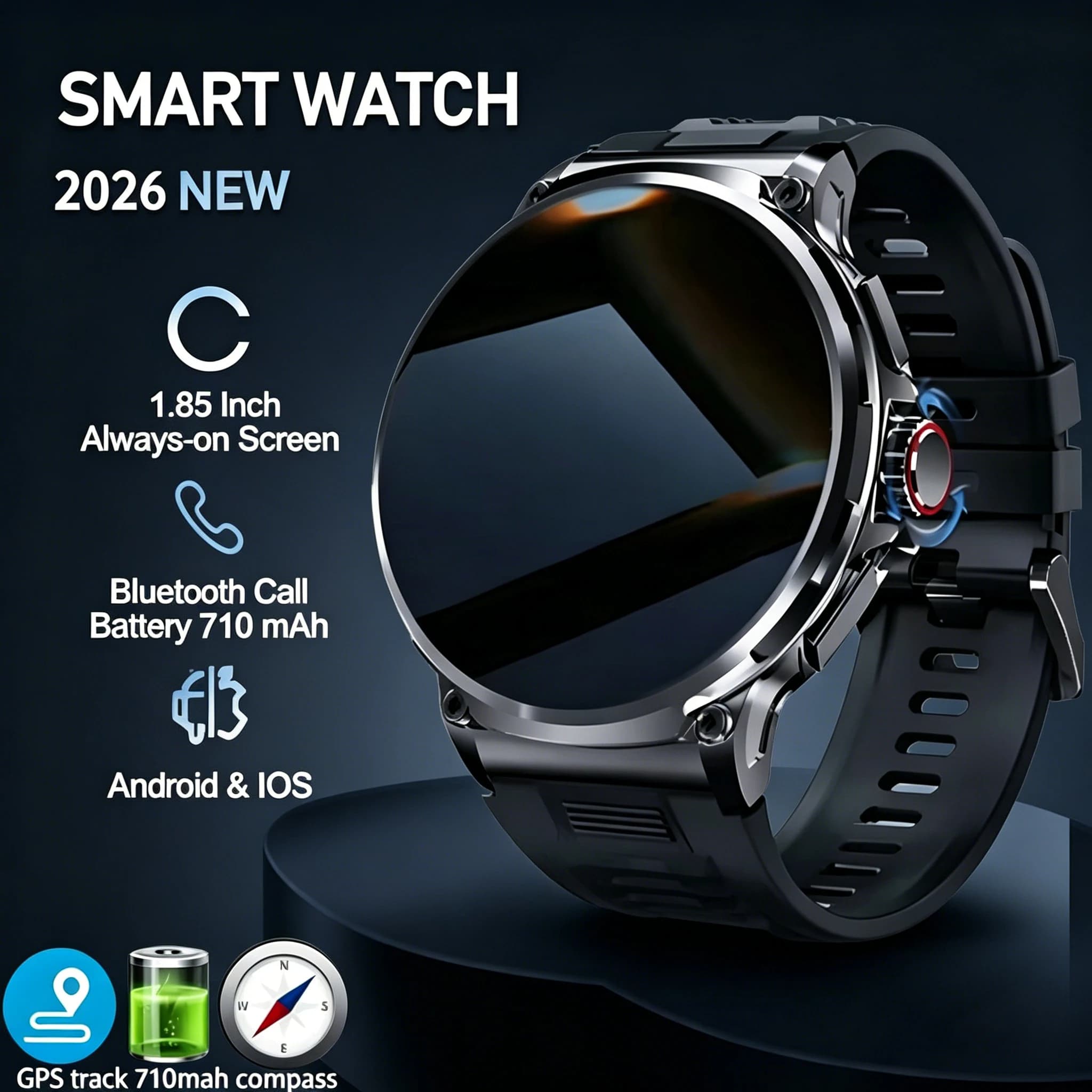 Smartwatch GPS con Schermo AMOLED HD da 1,85 Pollici, Batteria da 710 mAh, Chiamate Bluetooth, per Android e iOS