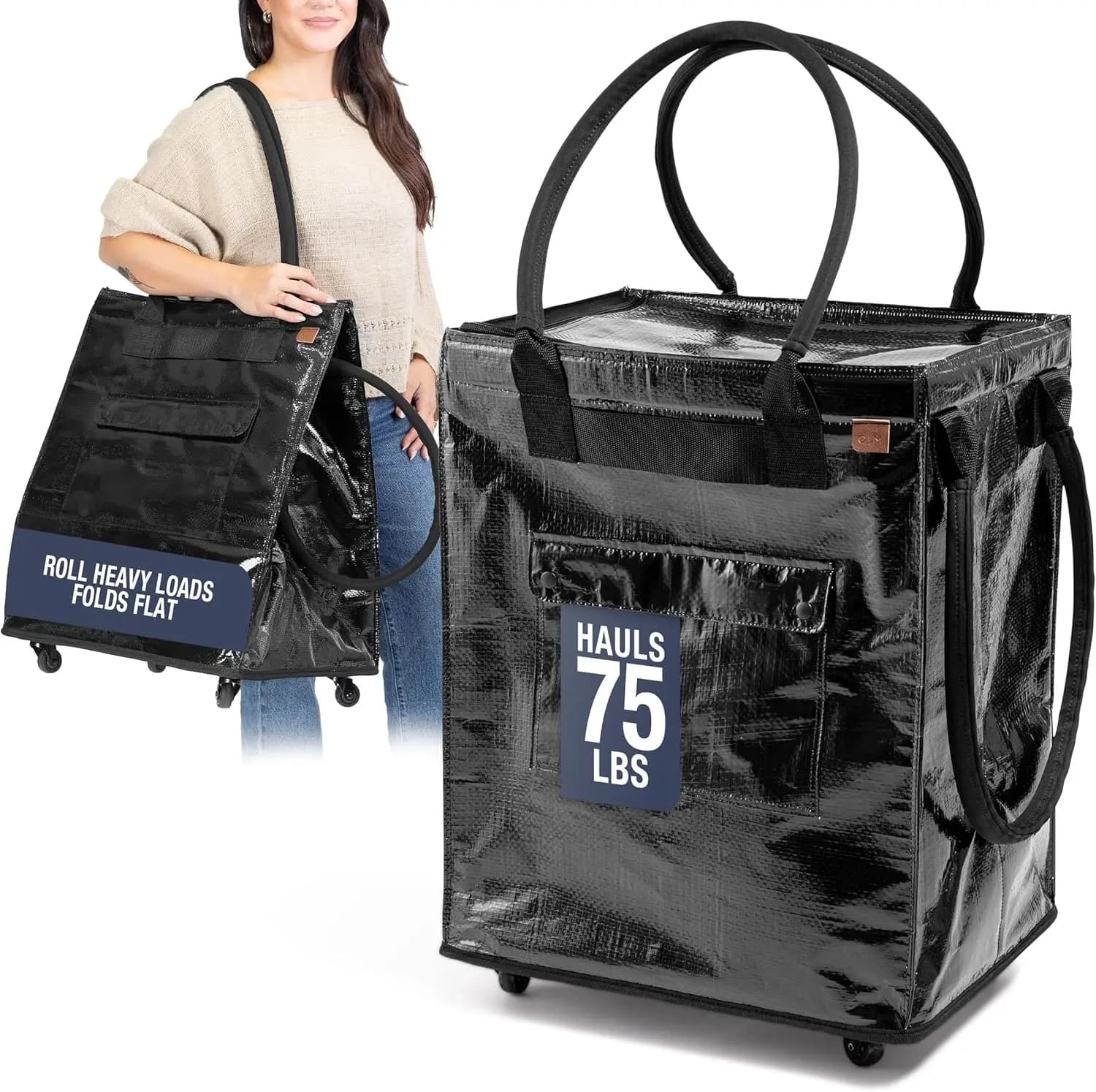 Borsa Pieghevole con Ruote da 90L, Carrello Portatile per Spesa, Bucato e Organizzazione, Resistente