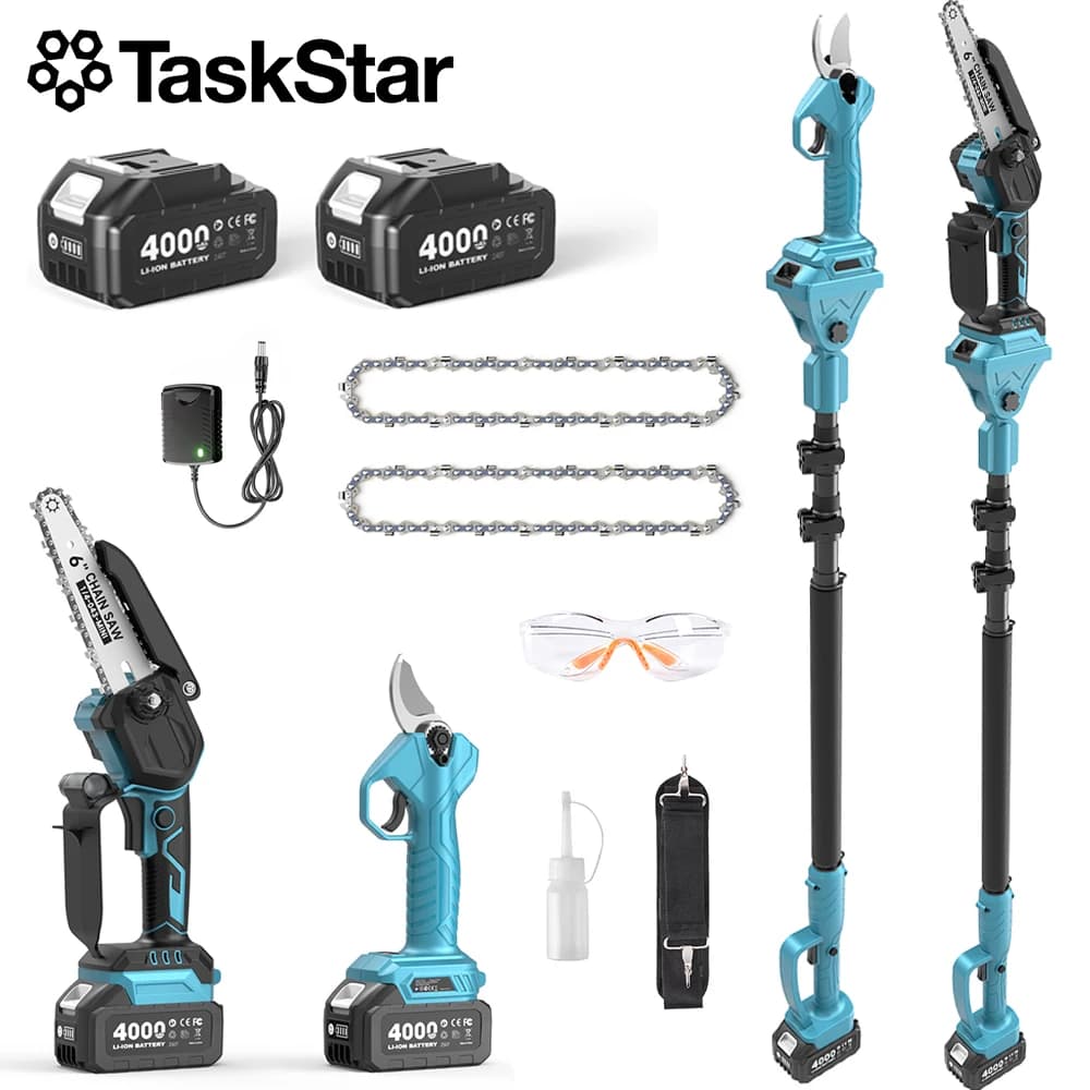 TaskStar 6-inch Brushless High Branch Saw 30mm Electric Pole Pruner 3-in-1 Combo Gardening Tool Kit with15 FT Extension Telescopic Pole & Mini Chain Saw & Electric Scissors, 2*4000mAh Battery Powerd