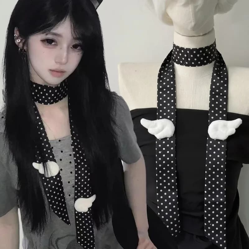 Polka Dot Black Scarf Women Korean Style Plush Wing Charms Headband Long Ribbon Hair Band Retro Satin Neckerchief Bag Accessory