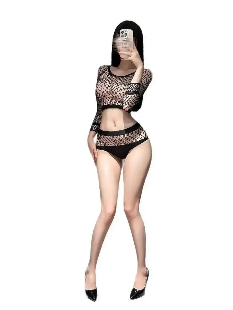 Nuovo Completo da Discoteca Sexy con Pantaloncini, Set Trasparente in Rete con Maniche Lunghe, Completo Seducente in Rete a Rete da Pesca 2LDC