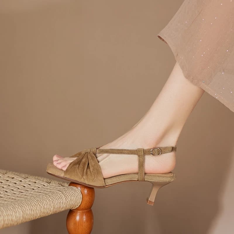 NEW Summer Women Sandals Sheep Suede Leather Shoes for Women Square Toe Thin Heel Shoes Open Toe Buckle Strap High Heel Shoes