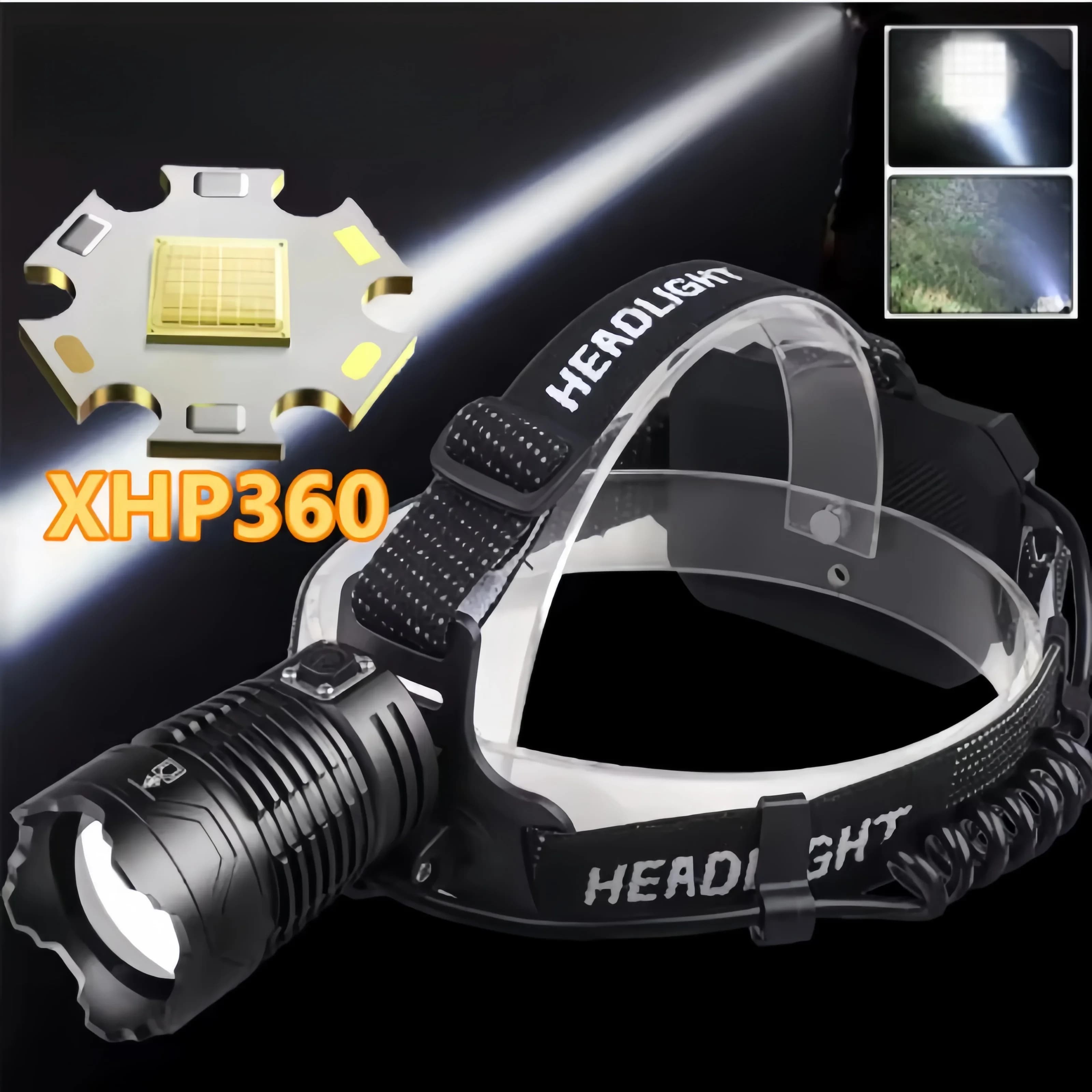 Lampada frontale a LED XHP360 ad alta potenza Faro super luminoso a 36 core Torcia frontale a luce forte Zoom telescopico Lampada da pesca da campeggio