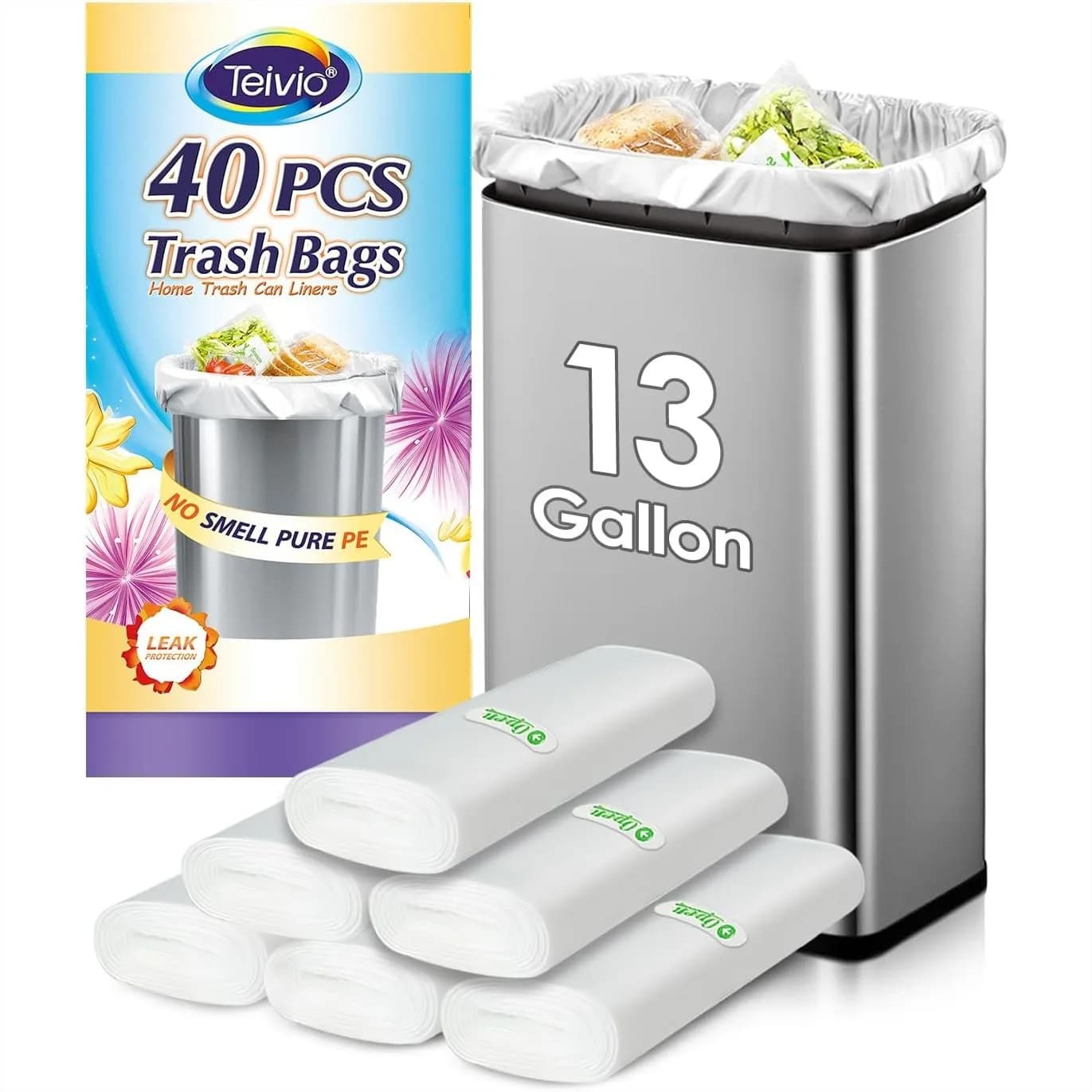 Sacchetti per Rifiuti da Cucina Alti da 13 Galloni, Confezione da 40, Adatti per Cestini da 10-13+ Galloni (50L), Sacchetti Trasparenti in Plastica per Casa e Ufficio