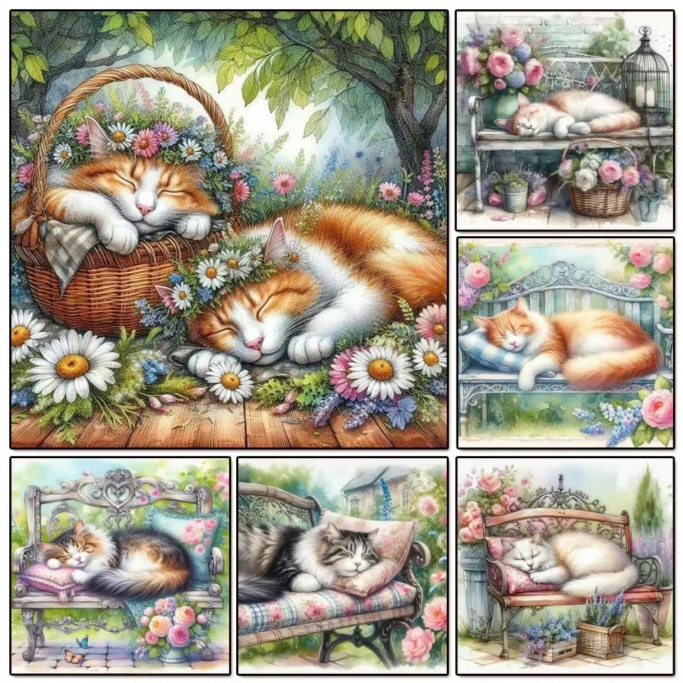 Kit Pittura Diamante 5D Fai da Te, Artigianato, Gatto Carino Addormentato, Mosaico Rotondo Completo, Ricamo a Punto Croce, Decorazione Casa, Giocattoli