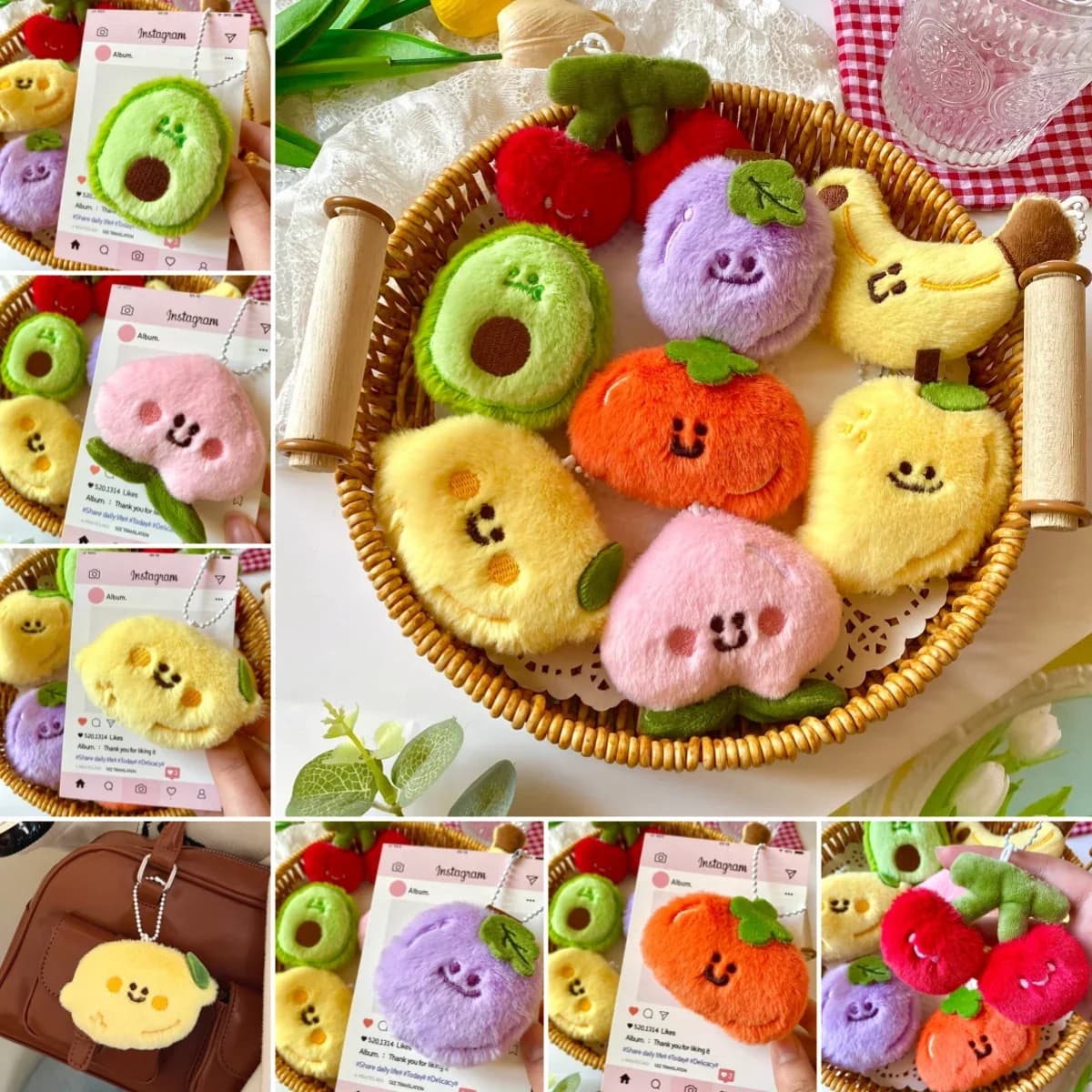 Soft Fluffy Fruit Plush Bag Charm Set Lemon Peach Persimmon Cherry Cute Stuffed Keychain For Backpack Decor Gift Ornament