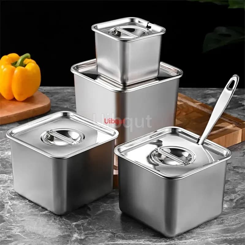 Stainless steel tank box with cover kitchen oil basin square Storage Barrel Bottle Seasoning Box Jars and Lids Spice Jars Set
