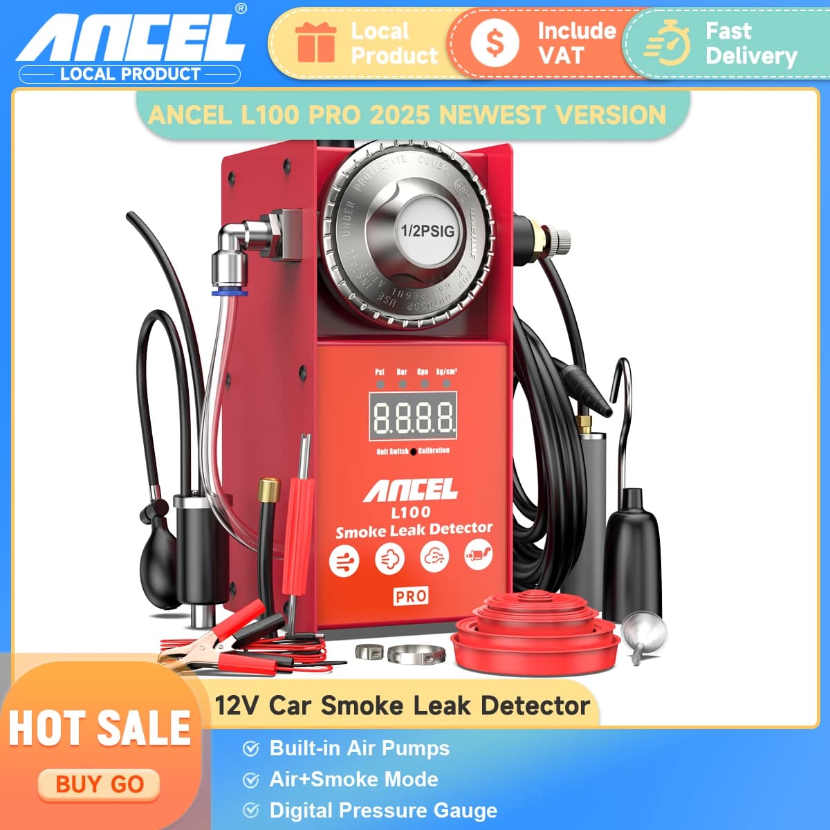 ANCEL L100 Pro 12V Rilevatore di perdite di fumo per auto con pompa d'aria Manometro digitale Perdite di tubi del carburante Strumenti per l'analisi delle perdite EVAP