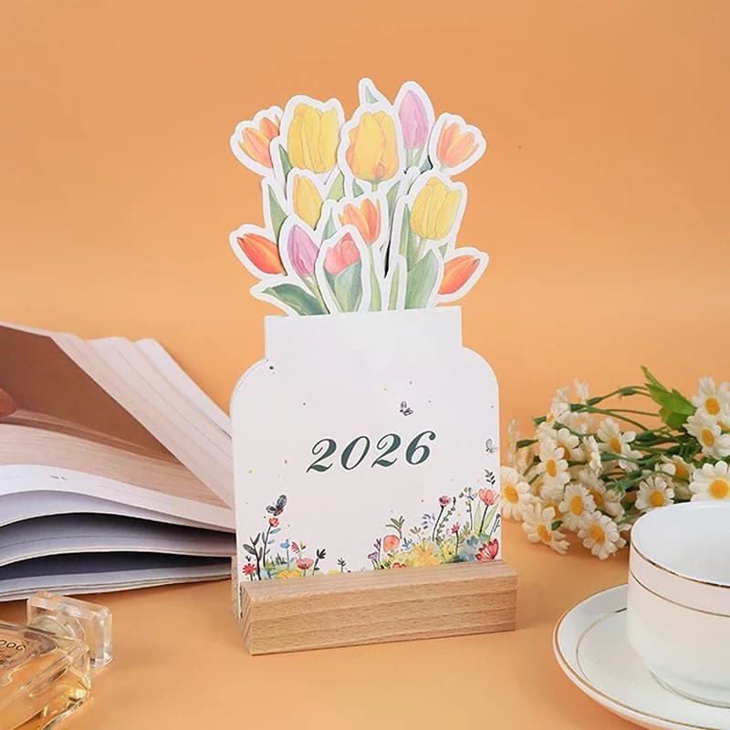 2026 Inserto per carte Calendario da tavolo Pianificatore mensile Organizzatore Fiori fioriti Mini calendario Base in legno Home Office Tabledesk Decor