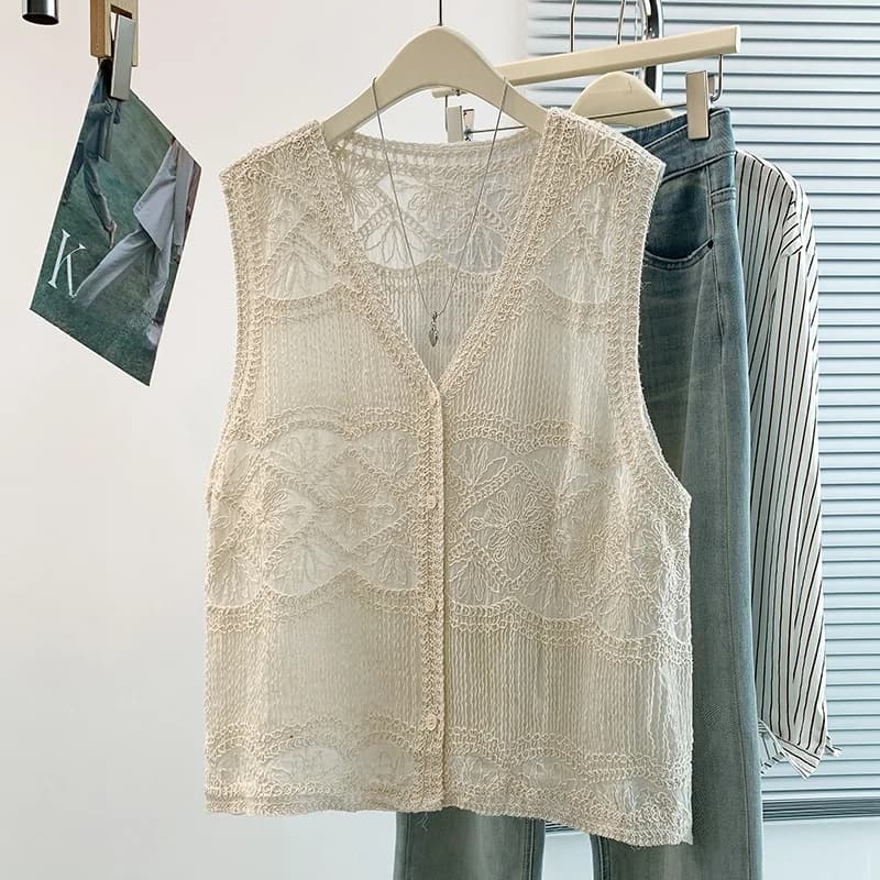 Retro Gentle Style Women's Lace Vest Top Summer Loose Slimming Layering Sleeveless V-Neck Outerwear Breathable Polyester Blend