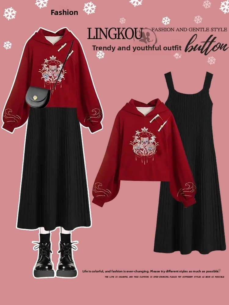 Abito invernale da donna taglie forti, nuovo modello autunno/inverno, in pile, stile tradizionale cinese rosso, che snellisce e nasconde le imperfezioni.