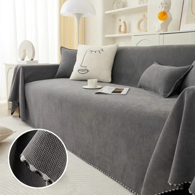 Chenille Sofa Towel All-cover Coffee Striped Pattern Sofa Throw Blanket with Tassels Couch Protector Double Face Usable