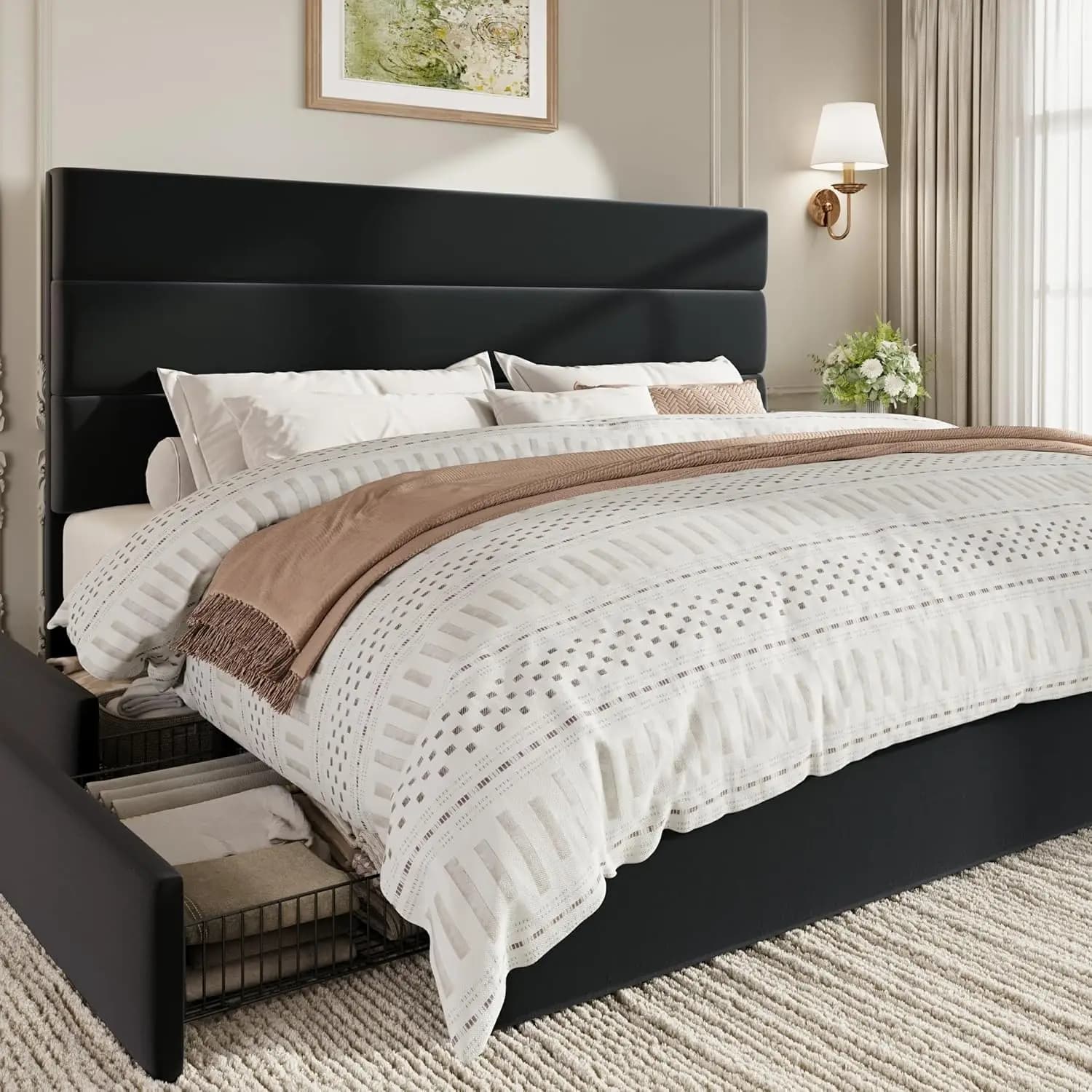 Letto King Size con Base Piattaforma e 4 Cassetti Contenitore, Testiera Imbottita in Velluto, Base per Materasso in Legno, Personalizzabile