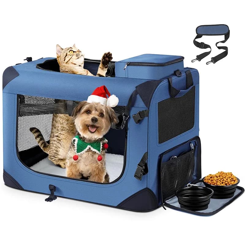 Portable Dog Carrier Crate Large Capacity Foldable Pet Travel Cage with Multiple Side Pockets for Medium Large Dogs Cats