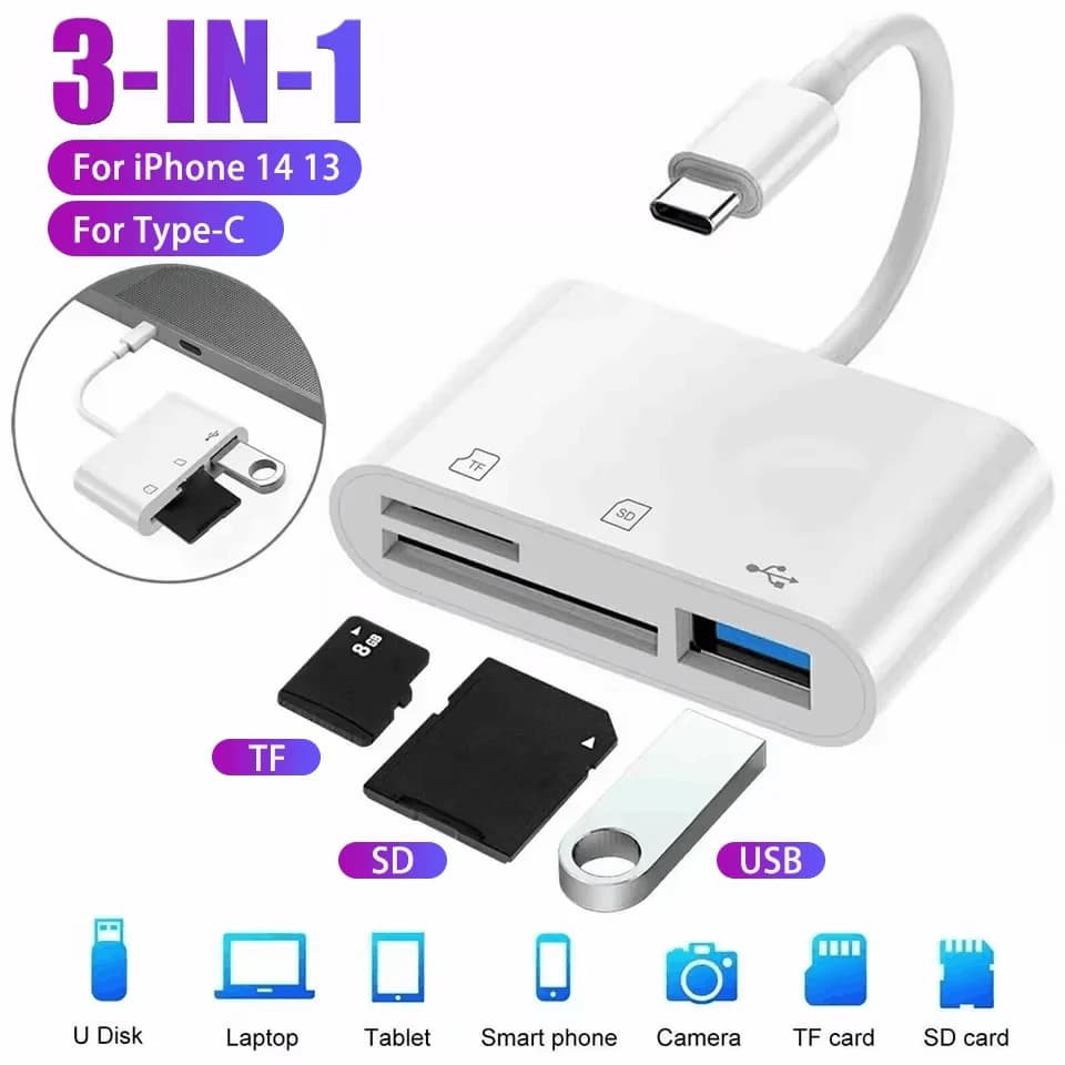 Adattatore OTG USB-C 3 in 1 premium: lettore di schede di memoria SD/TF e porta di ricarica per iPhone 16/15 Pro Max Xiaomi Huawei e MacBook