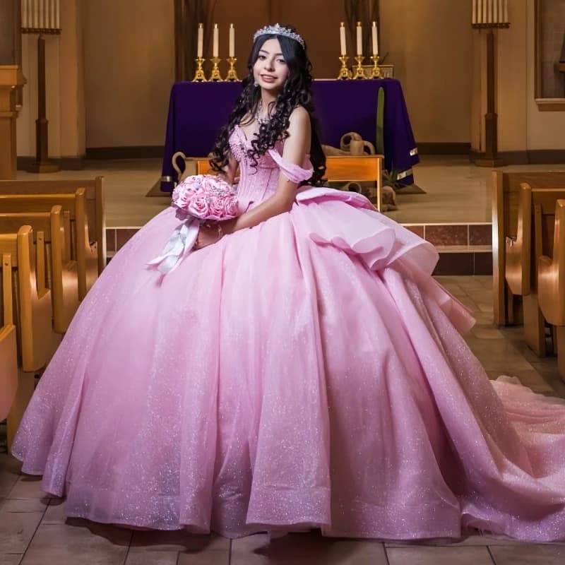 Abiti stile Quinceanera principessa rosa lucido con spalle scoperte che borda fiocco di cristallo tull dolce 16 abito da ballo abiti 15 De Anos