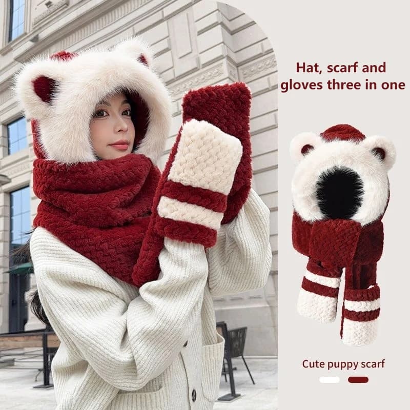 Nuovo cappello, cappello, sciarpa, guanti e paraorecchie in peluche caldo e alla moda a prova di freddo quattro in uno, protezione per le orecchie ispessita invernale per ciclismo