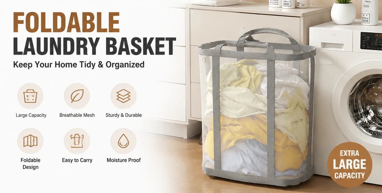 Portable Folding Mesh Laundry Basket Large Capacity Clothes Hamper with Handle Breathable Storage Bag for Home Toy Organizer