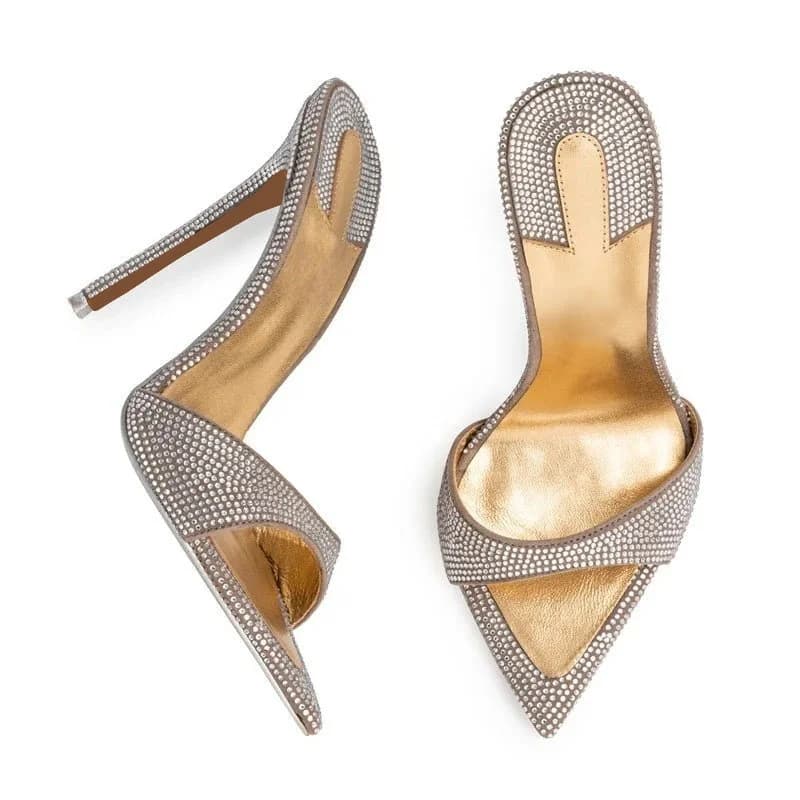 MKKHOU Crystal Shoes Pointed Toe Mules Slippers Women Thin Stiletto High Heel Slide Sandals Elegant Bridal Club Night Out Heels