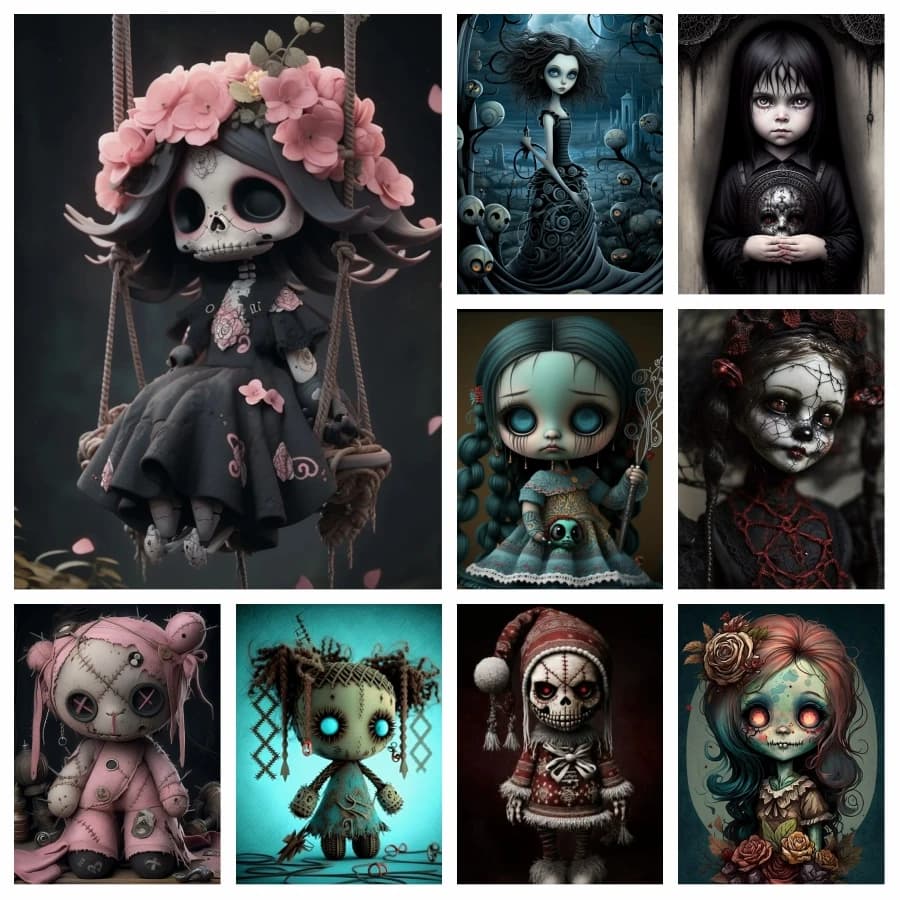 2024 New Dark Gothic Automaton Doll 5d Pittura piena di diamanti Scheletro Personaggio dei cartoni animati Punto croce di cristallo Mosaico Decorazioni per la casa