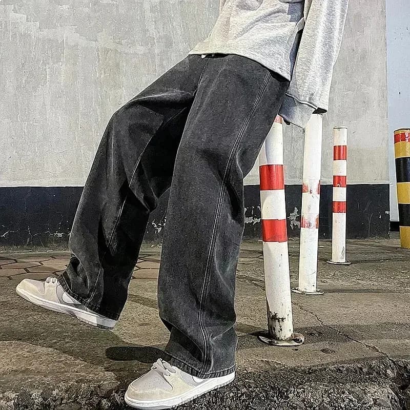 Men's Korean Streetwear Harajuku High Street Baggy Jeans Denim Trousers Loose Fit Daily Wear Black Grey Blue