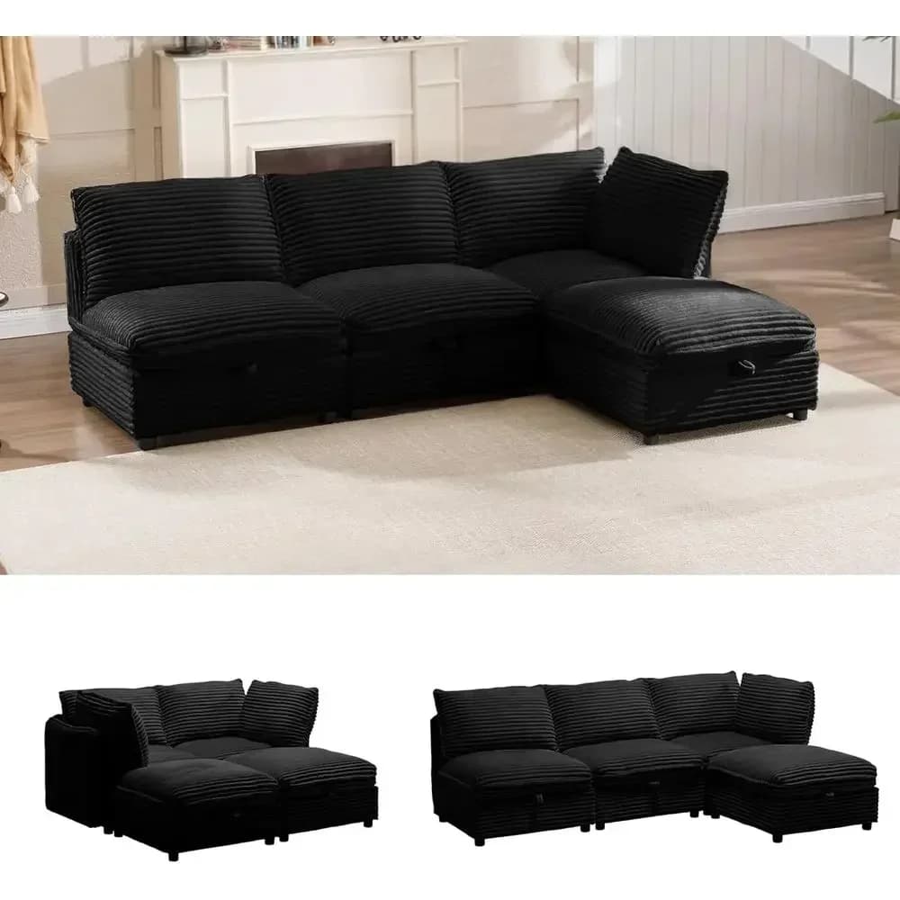 Convertible L-Shaped Sleeper Sectional Sofa with Removable Covers and Storage, 4 Seater, Corduroy Fabric, Black