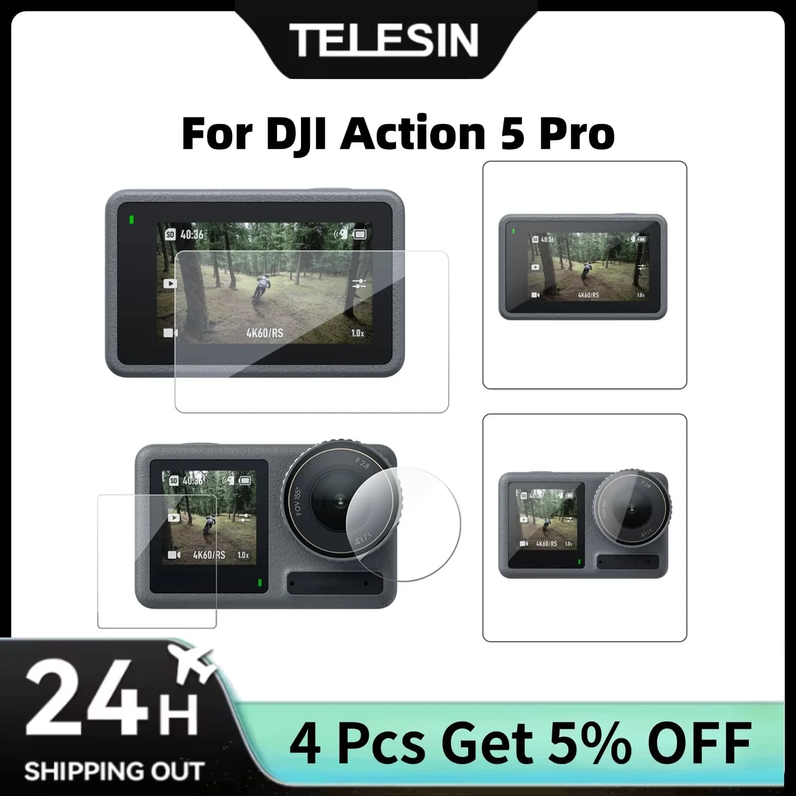 TELESIN Set of Tempered Films for DJI OSMO Action 5 Pro Screen Protector for High Transmission Scratch Lens Accessories DJI