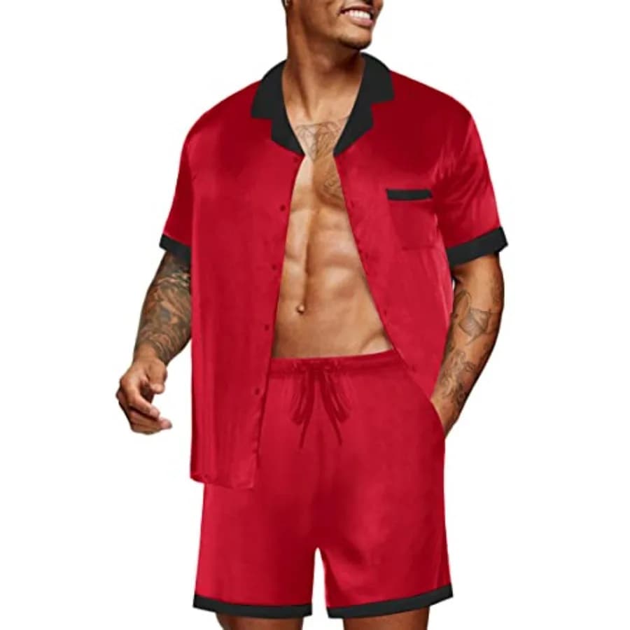 Pigiama da uomo in raso di seta con tasche, set da notte estivo in raso, 2 pezzi con bottoni, taglie S-3XL