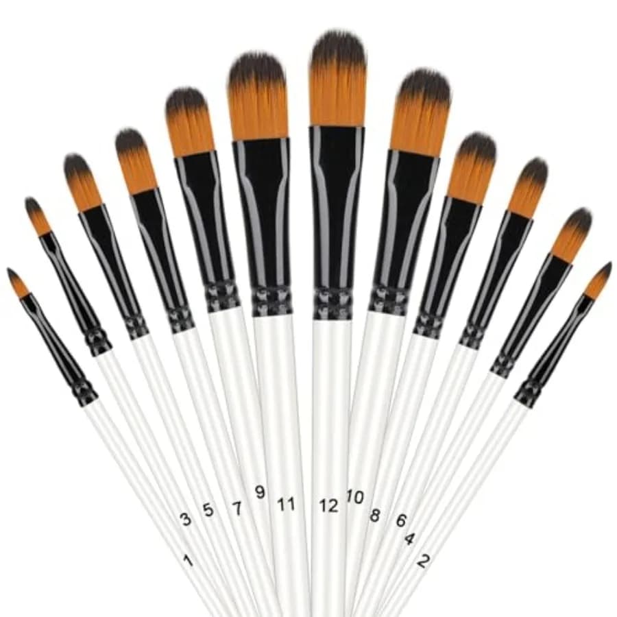 12 Pcs Filbert Paint Brush Set for Acrylic Painting, Flat Tip Watercolor Gouache Artist Brush Professional Painting Kits with N
