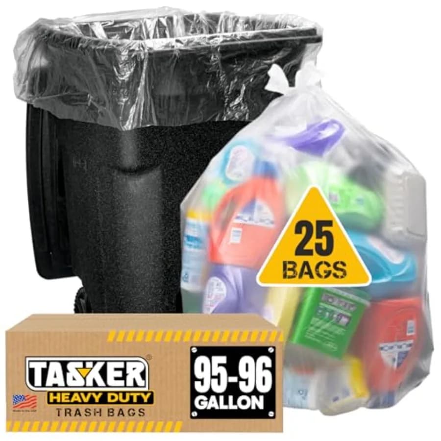 Sacchi per la Spazzatura Trasparenti Resistenti da 95-100 Galloni, 25 Sacchi Extra Large da 96 Galloni, Sacchi Grandi Trasparenti per Pattumiere, Sacchi Grandi da 90 Galloni, 95 Galloni, 9 Galloni