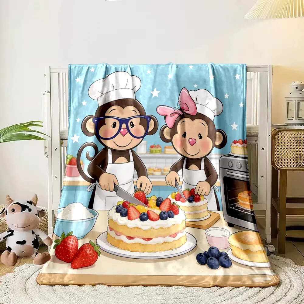 Coperta con stampa di cartoni animati a tema due scimmie, calda, morbida e soffice, per bambini e adulti, per divano letto, per viaggi all'aperto, campeggio, camper