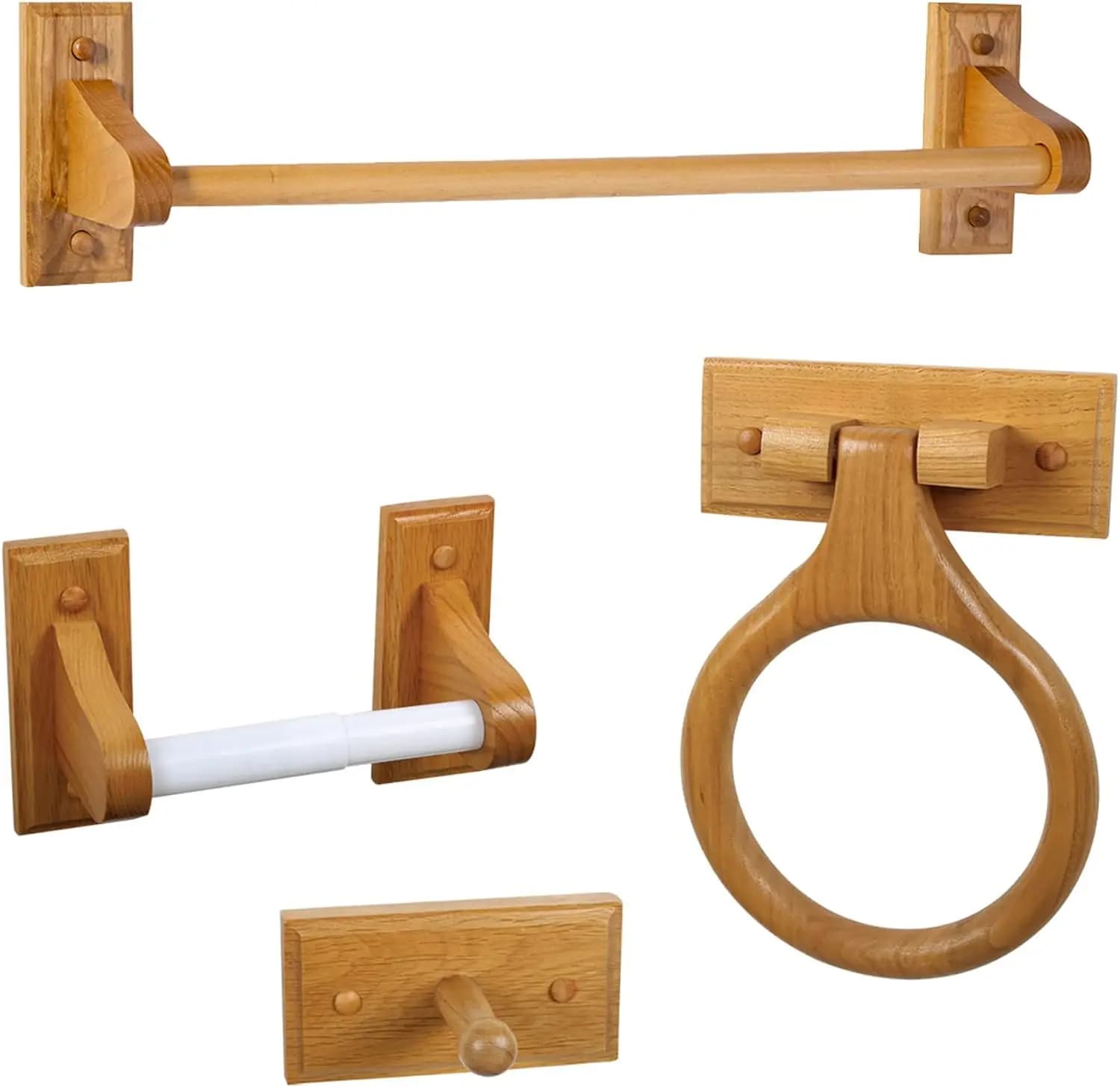 Set di 4 Accessori per Bagno con Finitura in Rovere Miele, Portasciugamani, Anello Porta Asciugamani, Porta Carta Igienica e Gancio per Accappatoio per Arredamento Rustico
