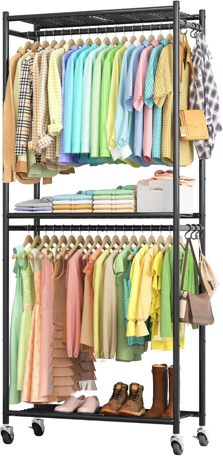 Multifunctional Metal Hanger with Shelves, Wheels and Hooks - Organizer Robusto for Bedroom Clothes, Laundry, Balcony