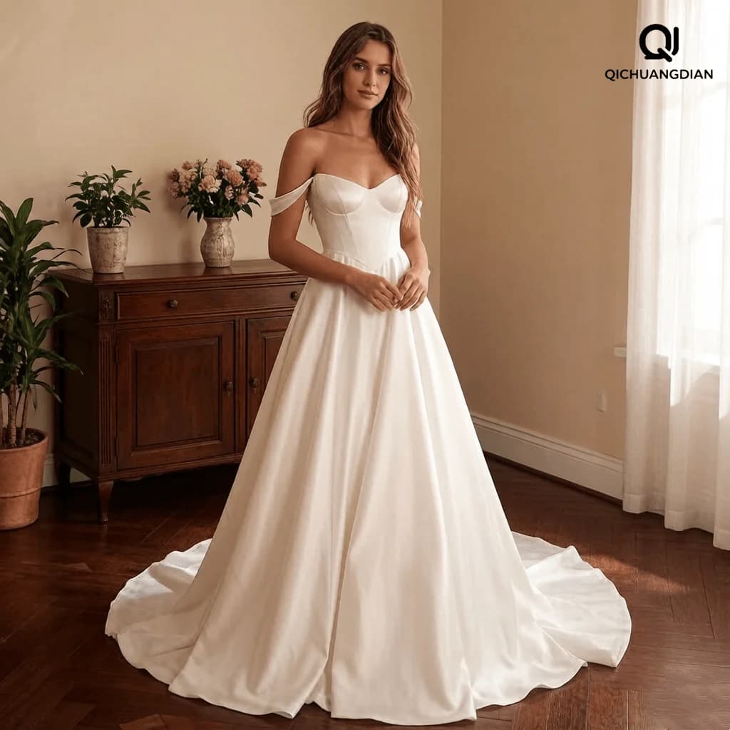Custom Bridal Dresses Simplici in Raso a Trapezio con Allacciatura e Strascico, Abiti di Sposa con Pieghe