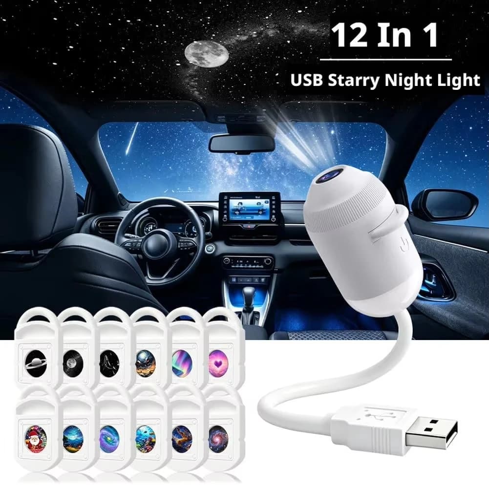 2 in 1 USB Mini Galaxy Projector Night Light Starry Sky Ambient Lamp Adjustable Brightness Car Interior Bedroom Atmosphere Light