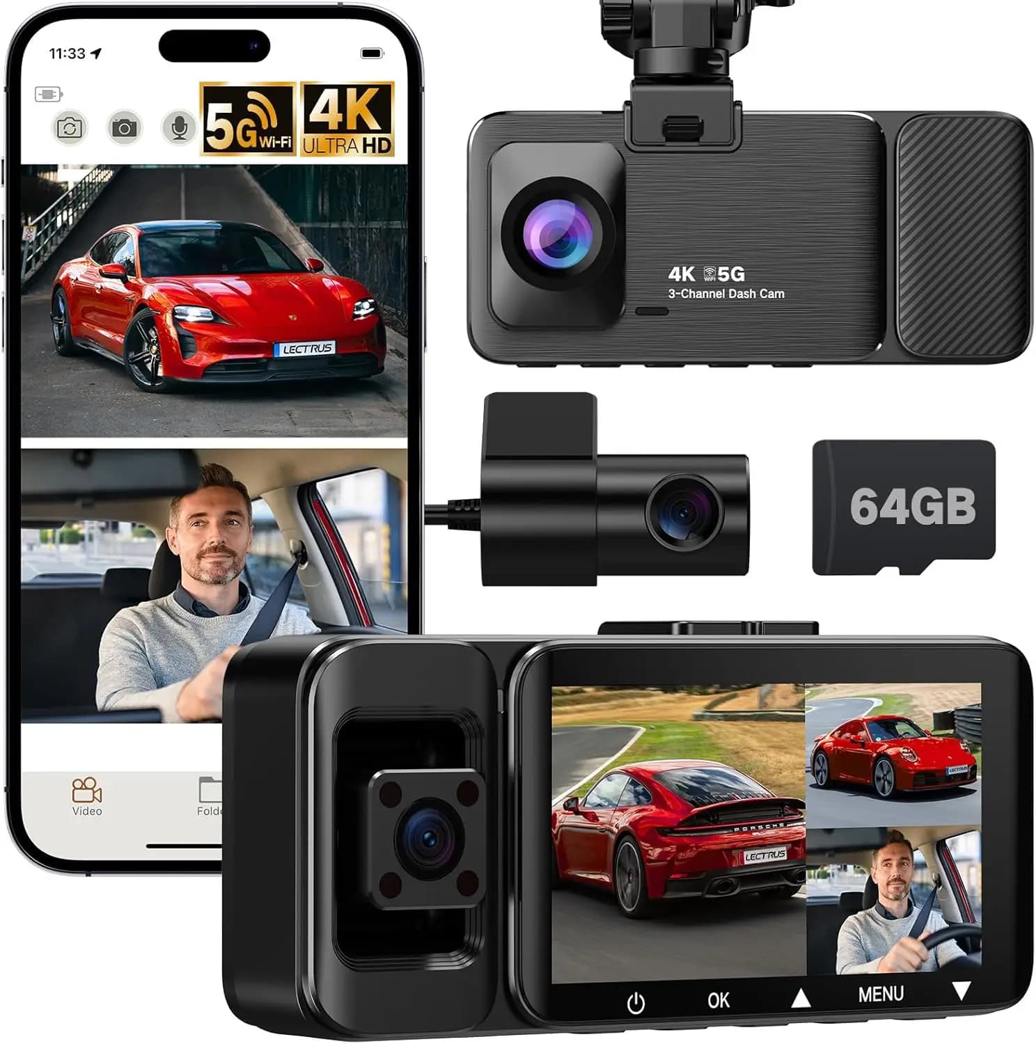 3-channel dashboard camera for car, Dash Cam 4K UHD front, rear and internal with 64 GB card, 170° ° +150 ° +140 ° Large-angle recording, G